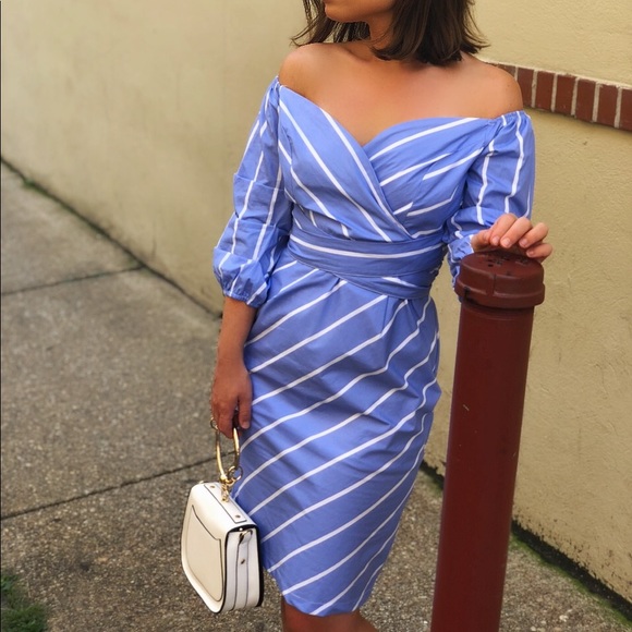 🆕Blair Blue Striped Off the Shoulder Midi Dress - Picture 5 of 6